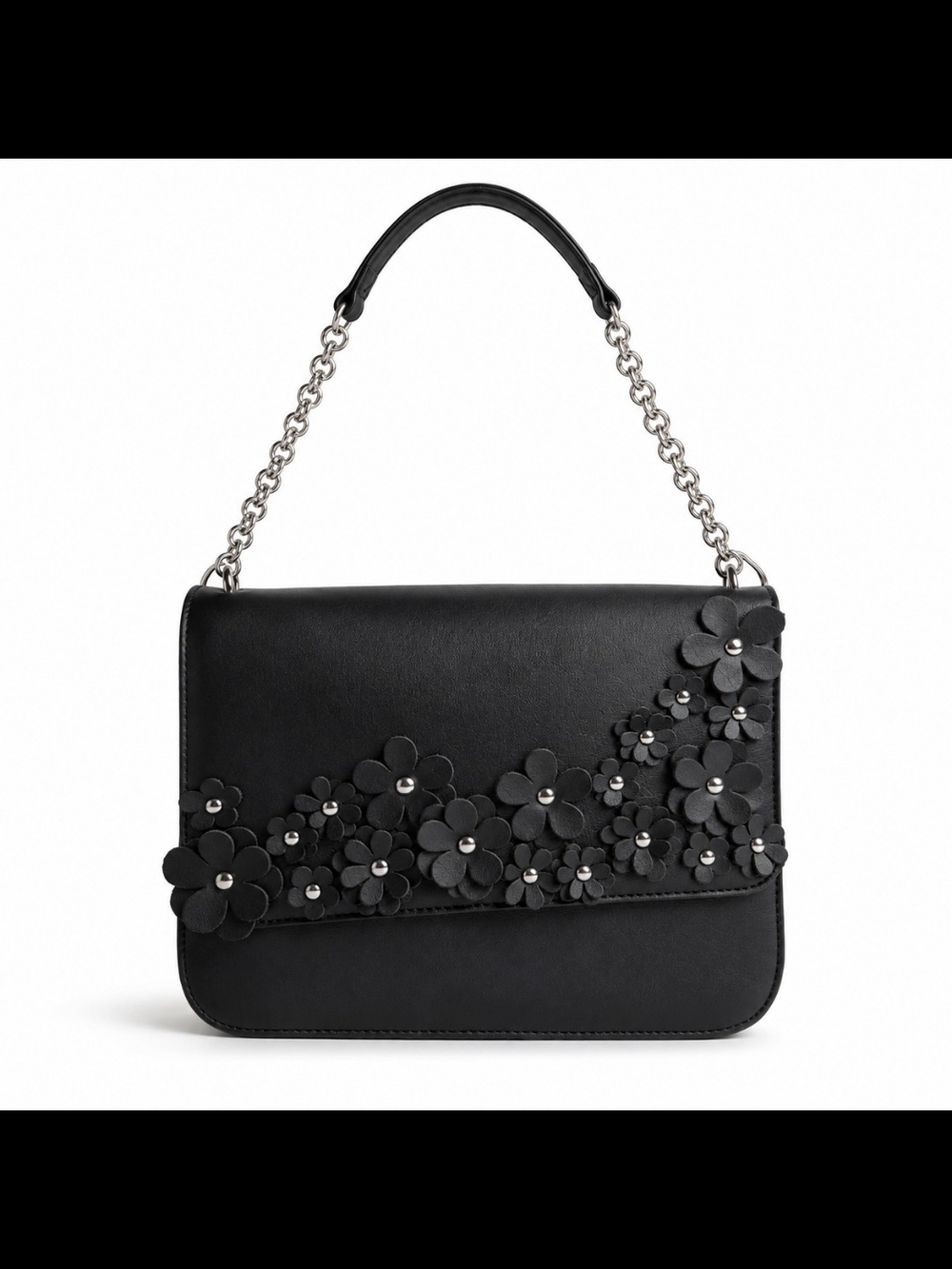 Black Floral Appliqué Crossbody Shoulder Faux Leather Silver Chain Strap Purse